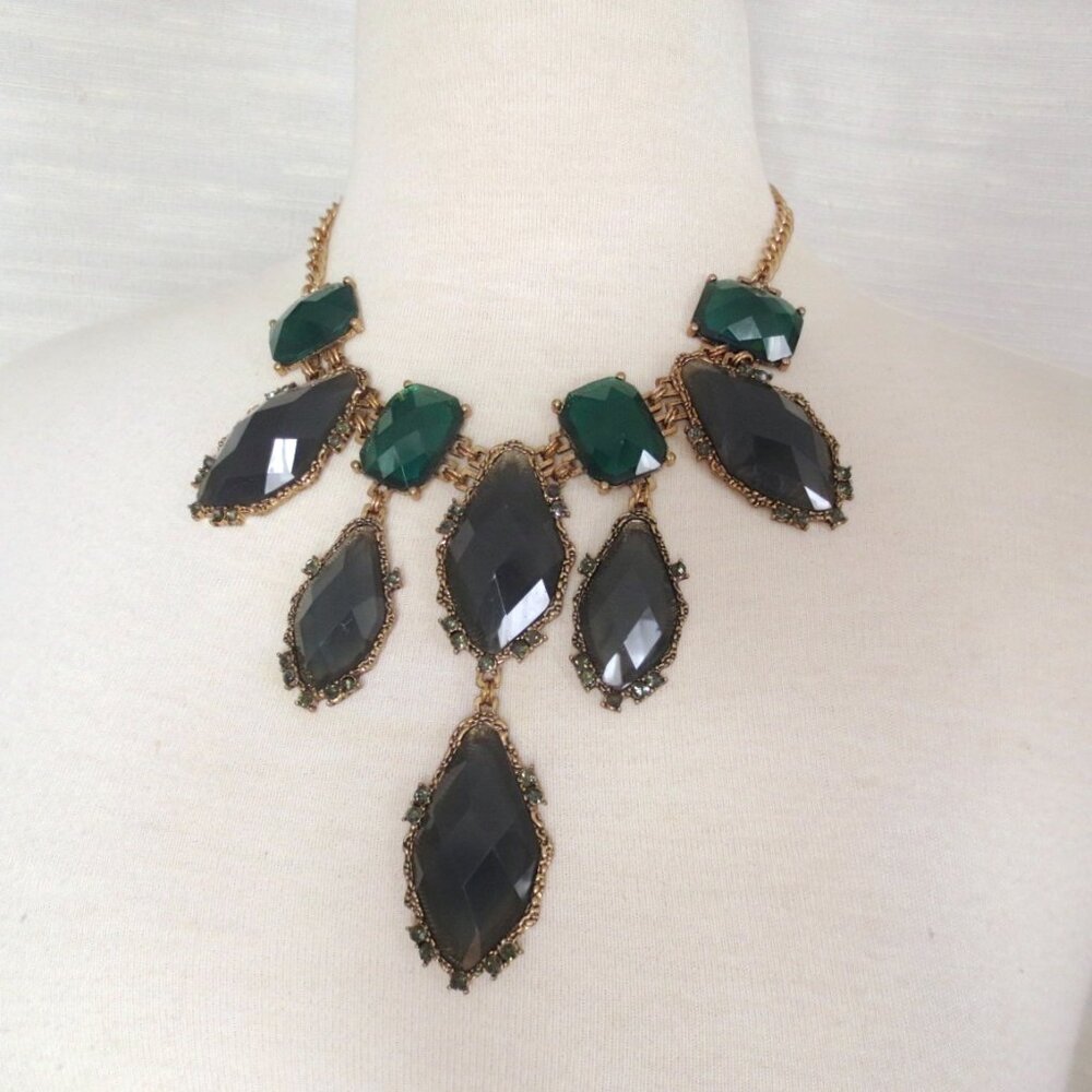 Aldo Green and Blue Large Scale Jewelled Faceted Gold Tone Statement Necklace